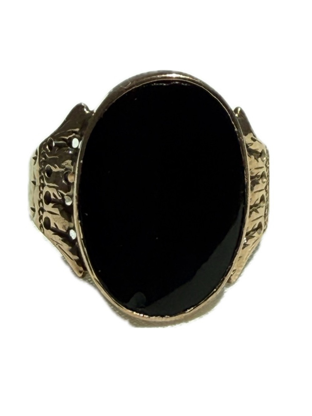 10k antique Victorian rose gold filigree ring with large oval black onyx stone